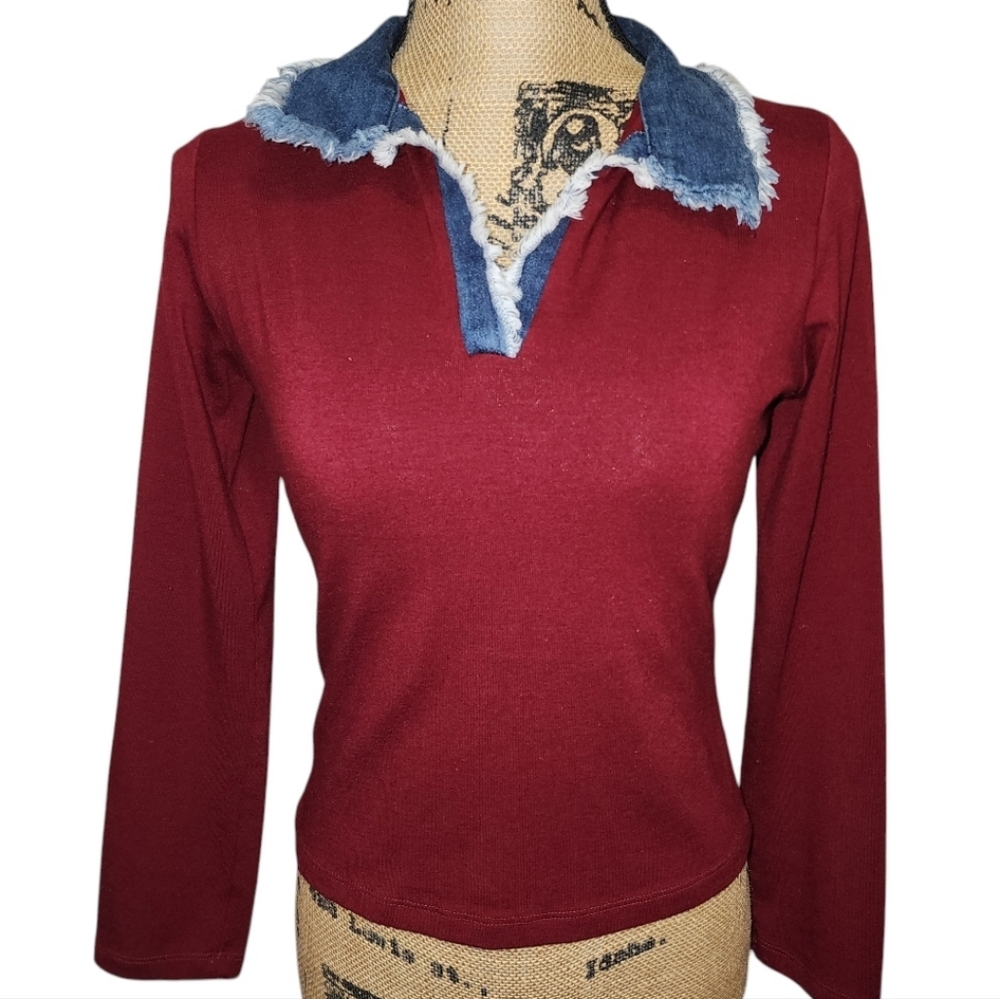 Vntg 90s Y2K Z.ro Cropped V-Neck Fringed Top LARGE Made USA Preppy Casual Retro
